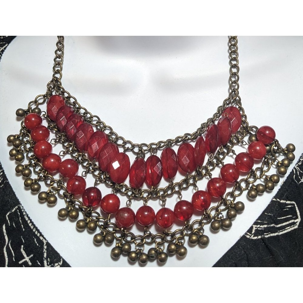 Vintage-Inspired Red Beaded Multi-Row Necklace